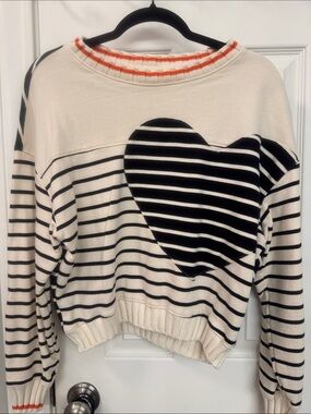 Maeve Cream and Black Striped Heart Sweater with Orange Trim